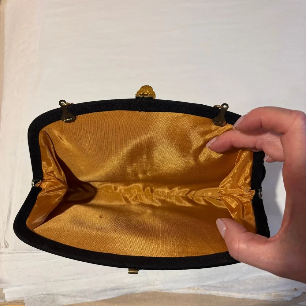 Vintage Black Crepe Evening Clutch Bag Gold Chain Strap Formal Gala Wedding
